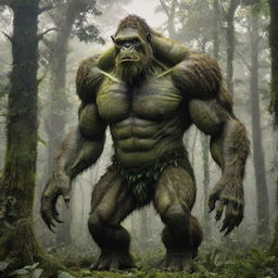 A towering monster gently interacting with the lush Amazon forest, carefully picking up trees as if they were merely blades of grass.