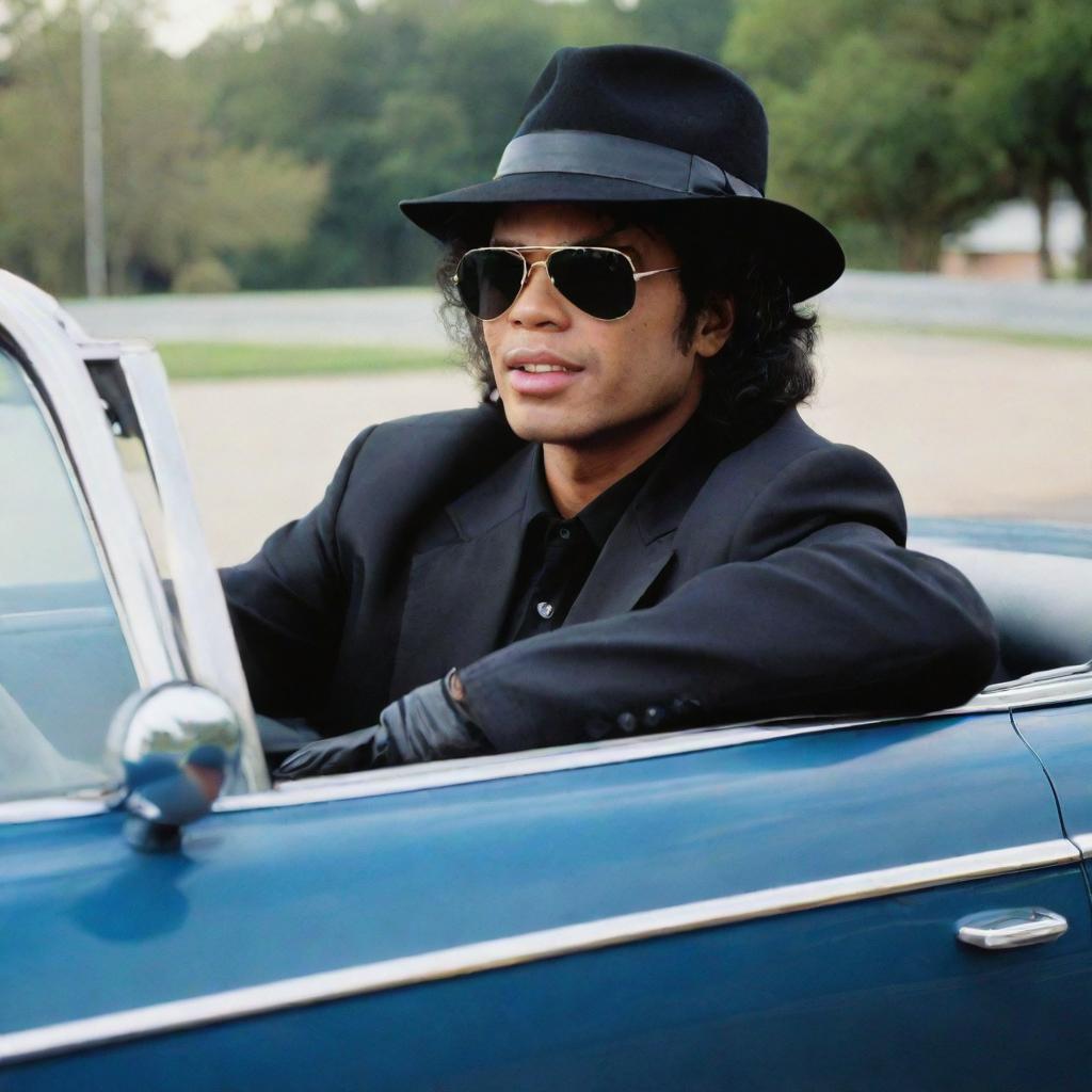 The King of Pop, Michael Jackson, stylishly driving a classic Chevrolet Chevette, complete with his iconic glove and hat.