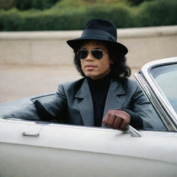 The King of Pop, Michael Jackson, stylishly driving a classic Chevrolet Chevette, complete with his iconic glove and hat.