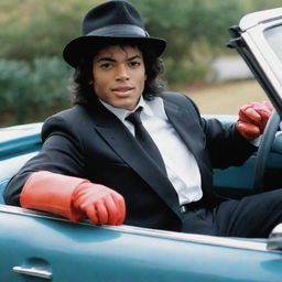 The King of Pop, Michael Jackson, stylishly driving a classic Chevrolet Chevette, complete with his iconic glove and hat.