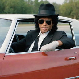 The King of Pop, Michael Jackson, stylishly driving a classic Chevrolet Chevette, complete with his iconic glove and hat.