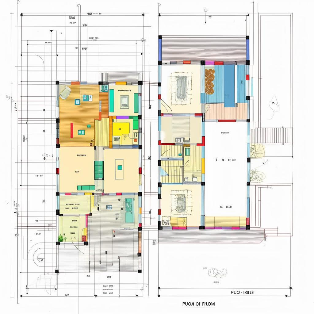 Create an architectural floor plan for a house with three bedrooms, a hall, a bathroom, a Puja room, and stairs, in a detailed and labeled blueprint style.