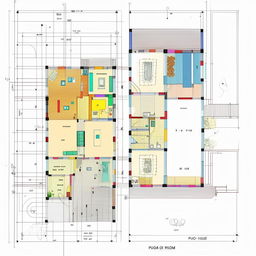 Create an architectural floor plan for a house with three bedrooms, a hall, a bathroom, a Puja room, and stairs, in a detailed and labeled blueprint style.