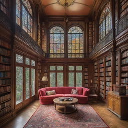 A grand mansion intricately constructed from an assortment of colorful hardcover books with inviting, well-lit windows.