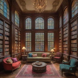 A grand mansion intricately constructed from an assortment of colorful hardcover books with inviting, well-lit windows.