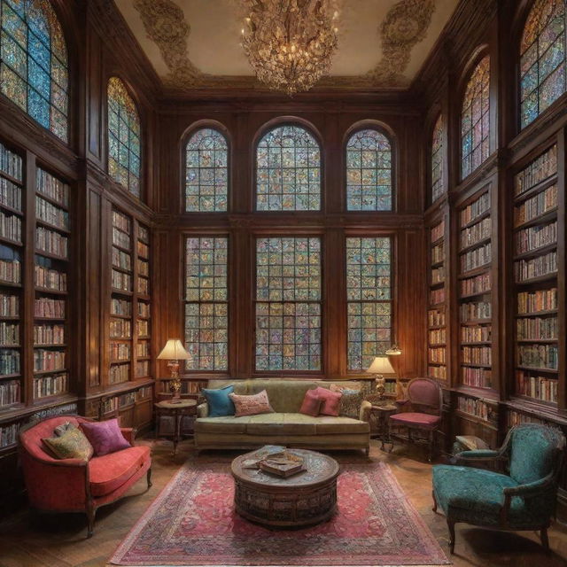 A grand mansion intricately constructed from an assortment of colorful hardcover books with inviting, well-lit windows.