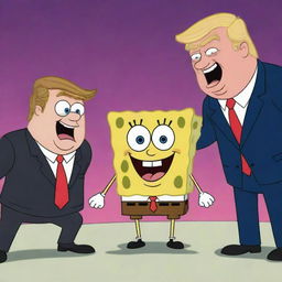 Animated character Spongebob Squarepants in a friendly, cartoon-style duel with Donald Trump, both characters in a playful pose.