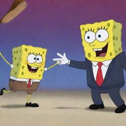 Animated character Spongebob Squarepants in a friendly, cartoon-style duel with Donald Trump, both characters in a playful pose.