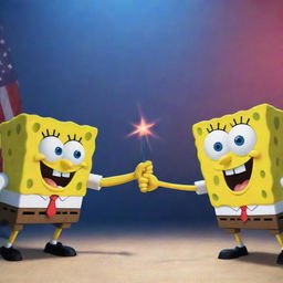 Animated character Spongebob Squarepants in a friendly, cartoon-style duel with Donald Trump, both characters in a playful pose.