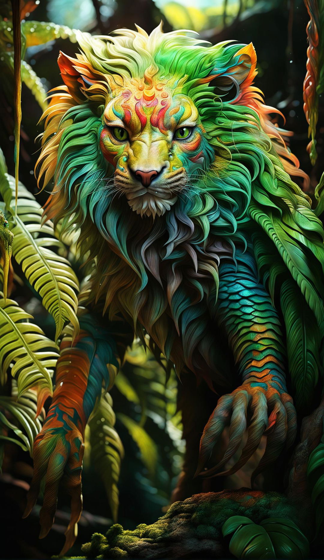 A chameleon cat with scales mixed with a lion standing in a lush jungle environment.