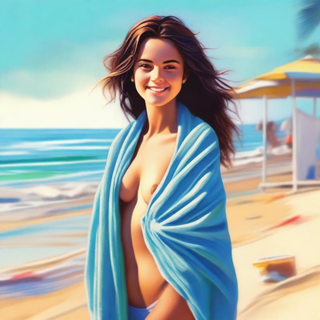 A high-quality digital art image portraying an 18-year-old woman at the beach, wrapped in a towel