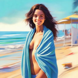 A high-quality digital art image portraying an 18-year-old woman at the beach, wrapped in a towel