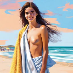 A high-quality digital art image portraying an 18-year-old woman at the beach, wrapped in a towel