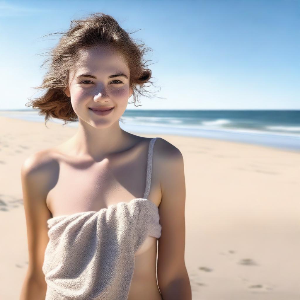 A hyper-realistic digital art piece that portrays an 18-year-old woman in a towel at the beach