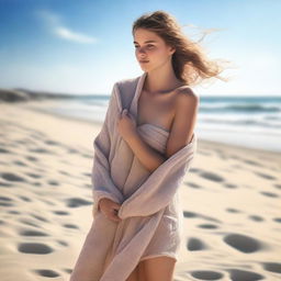 A hyper-realistic digital art piece that portrays an 18-year-old woman in a towel at the beach