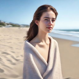 A hyper-realistic digital art piece that portrays an 18-year-old woman in a towel at the beach