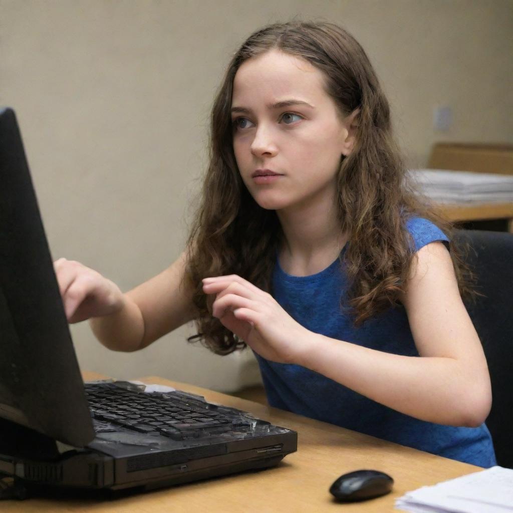 Anya Forger from 'Spy X Family', portrayed in a moment of mischief, vigorously dismantling a computer.