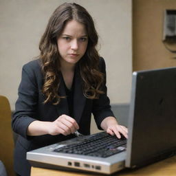 Anya Forger from 'Spy X Family', portrayed in a moment of mischief, vigorously dismantling a computer.