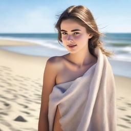 A hyper-realistic digital art image showing a young 18-year-old woman at the beach, with her towel subtly slipping off