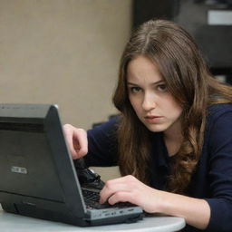 Anya Forger from 'Spy X Family', portrayed in a moment of mischief, vigorously dismantling a computer.