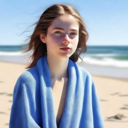 This is a hyper-realistic digital artwork that portrays an 18-year-old woman at the beach, her blue towel subtly slipping off