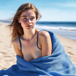 This is a hyper-realistic digital artwork that portrays an 18-year-old woman at the beach, her blue towel subtly slipping off