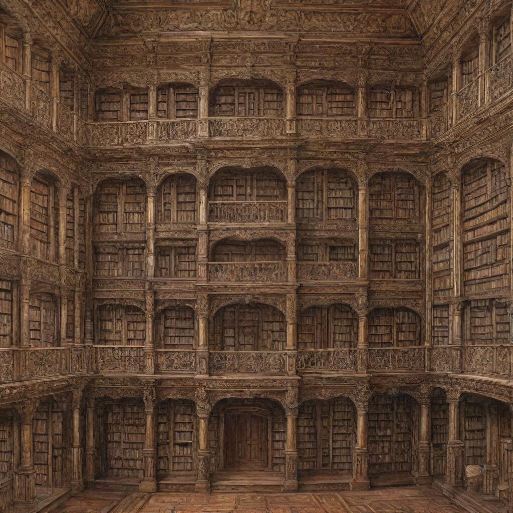 A detailed painting of a grand mansion intricately constructed entirely from various types of books.