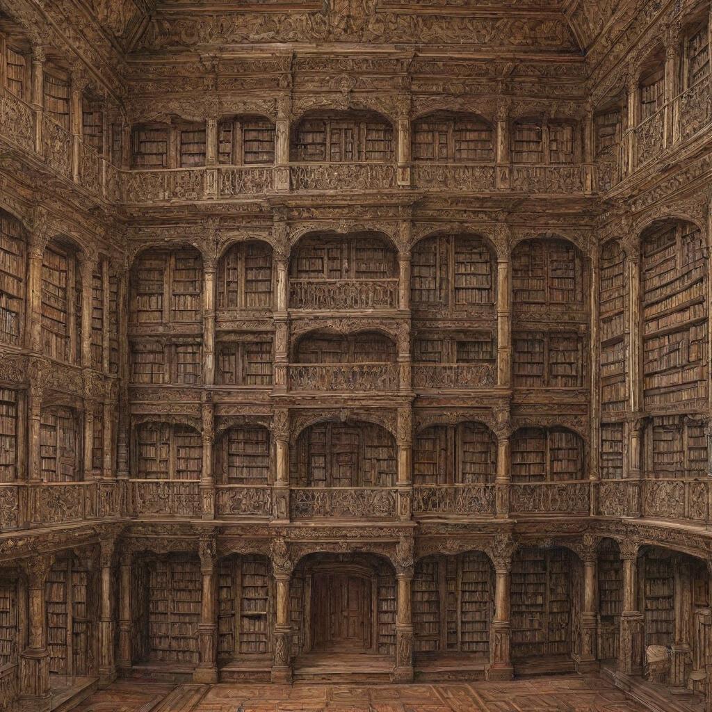 A detailed painting of a grand mansion intricately constructed entirely from various types of books.