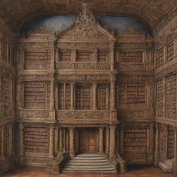 A detailed painting of a grand mansion intricately constructed entirely from various types of books.