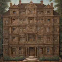 A detailed painting of a grand mansion intricately constructed entirely from various types of books.