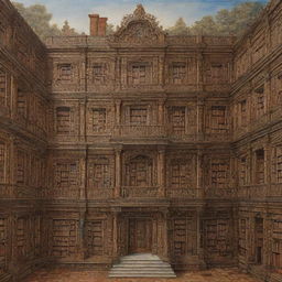 A detailed painting of a grand mansion intricately constructed entirely from various types of books.