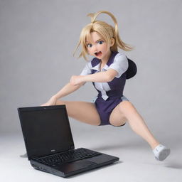 Anime character Anya, famously known from 'Spy X Family', in a dynamic pose, breaking a computer in playful frustration.