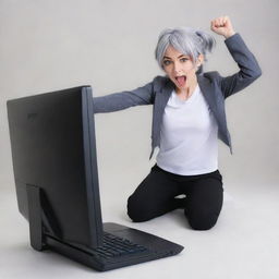 Anime character Anya, famously known from 'Spy X Family', in a dynamic pose, breaking a computer in playful frustration.