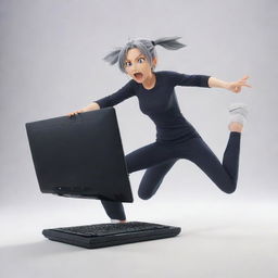 Anime character Anya, famously known from 'Spy X Family', in a dynamic pose, breaking a computer in playful frustration.