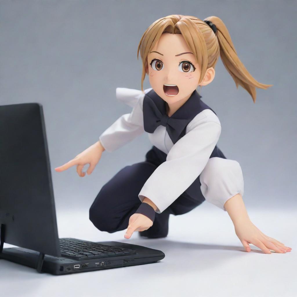 Anime character Anya, famously known from 'Spy X Family', in a dynamic pose, breaking a computer in playful frustration.