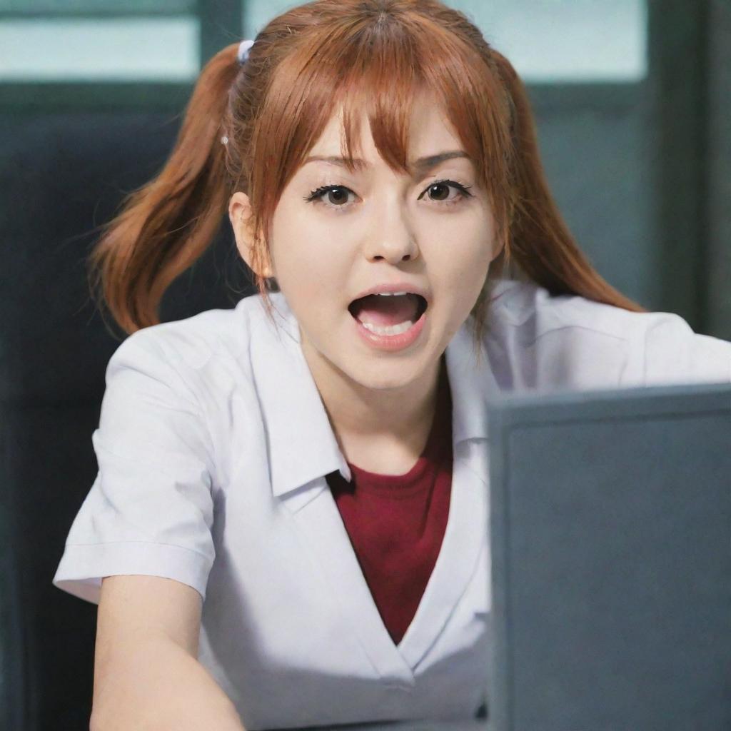 Anya from the Japanese anime 'Spy X Family', captured in an energetic scene where she's humorously breaking a computer.