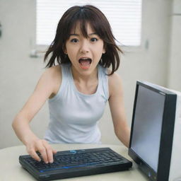 Anya from the Japanese anime 'Spy X Family', captured in an energetic scene where she's humorously breaking a computer.