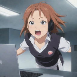 Anya from the Japanese anime 'Spy X Family', captured in an energetic scene where she's humorously breaking a computer.