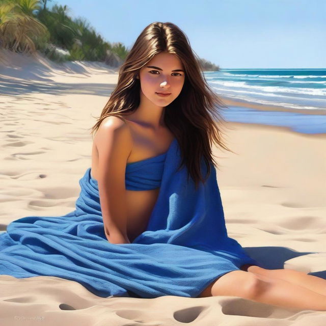 A high-quality, realistic digital art image depicts an 18-year-old woman at a beach