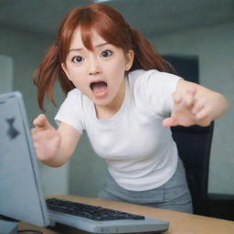 Anya from the Japanese anime 'Spy X Family', captured in an energetic scene where she's humorously breaking a computer.