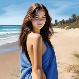 A high-quality, realistic digital art image depicts an 18-year-old woman at a beach