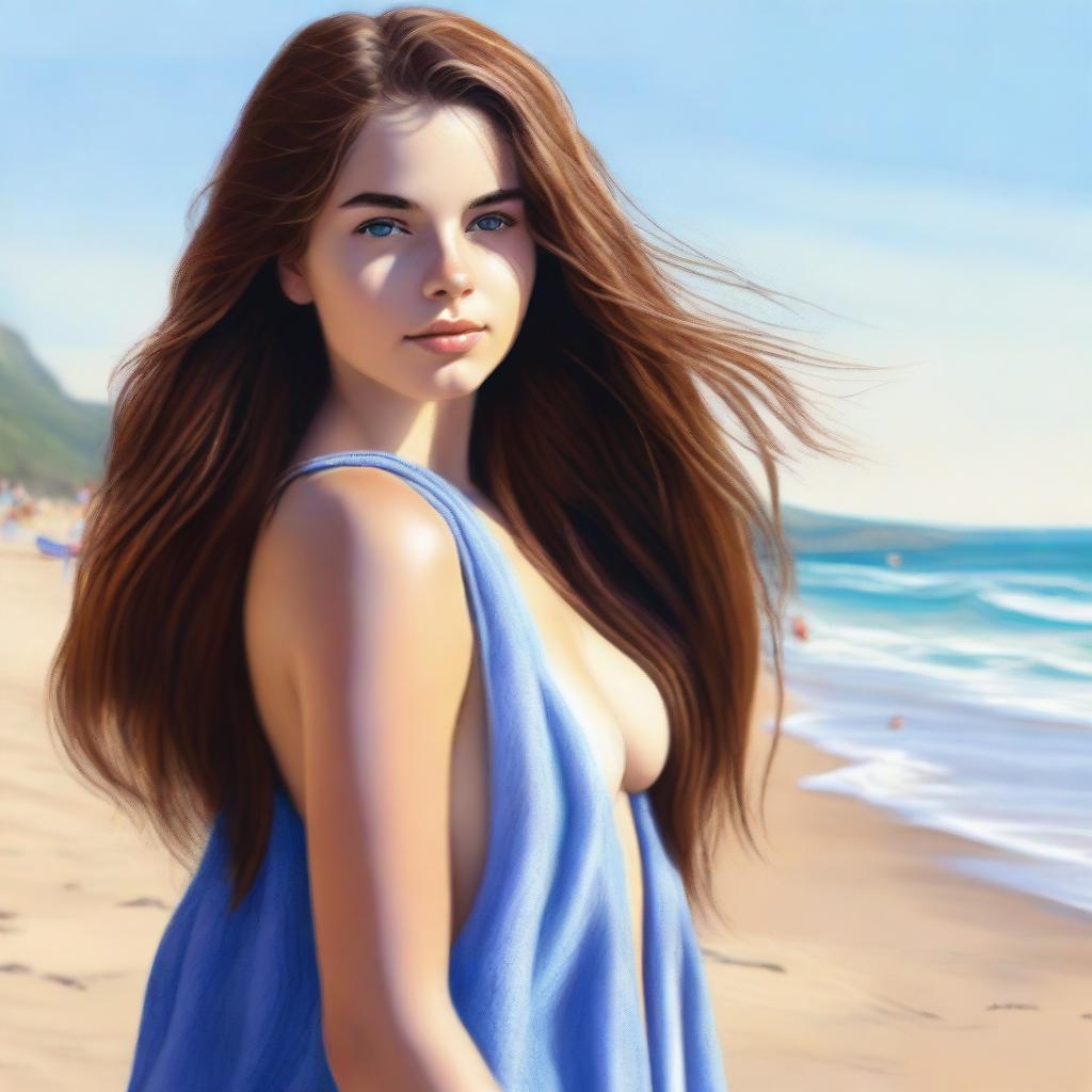 This is a realistic digital art image of an 18-year-old woman at the beach