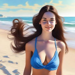 This is a realistic digital art image of an 18-year-old woman at the beach