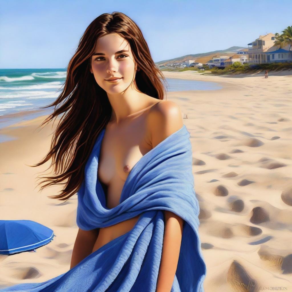 A high-quality, realistic digital art image depicts an 18-year-old woman at a beach