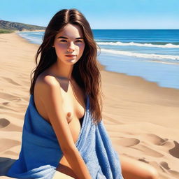 A high-quality, realistic digital art image depicts an 18-year-old woman at a beach