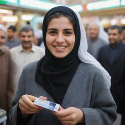 A delighted Iranian person purchasing an Iranian card reader, expression of joy clearly visible on their face against a backdrop of a bustling Iranian marketplace.