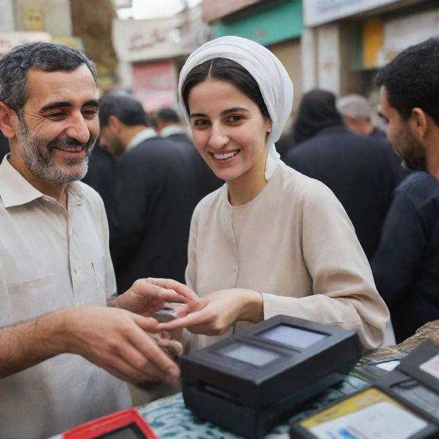 A delighted Iranian person purchasing an Iranian card reader, expression of joy clearly visible on their face against a backdrop of a bustling Iranian marketplace.