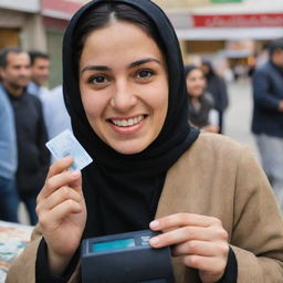 A delighted Iranian person purchasing an Iranian card reader, expression of joy clearly visible on their face against a backdrop of a bustling Iranian marketplace.