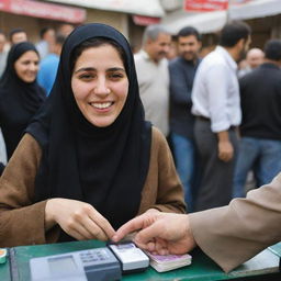 A delighted Iranian person purchasing an Iranian card reader, expression of joy clearly visible on their face against a backdrop of a bustling Iranian marketplace.