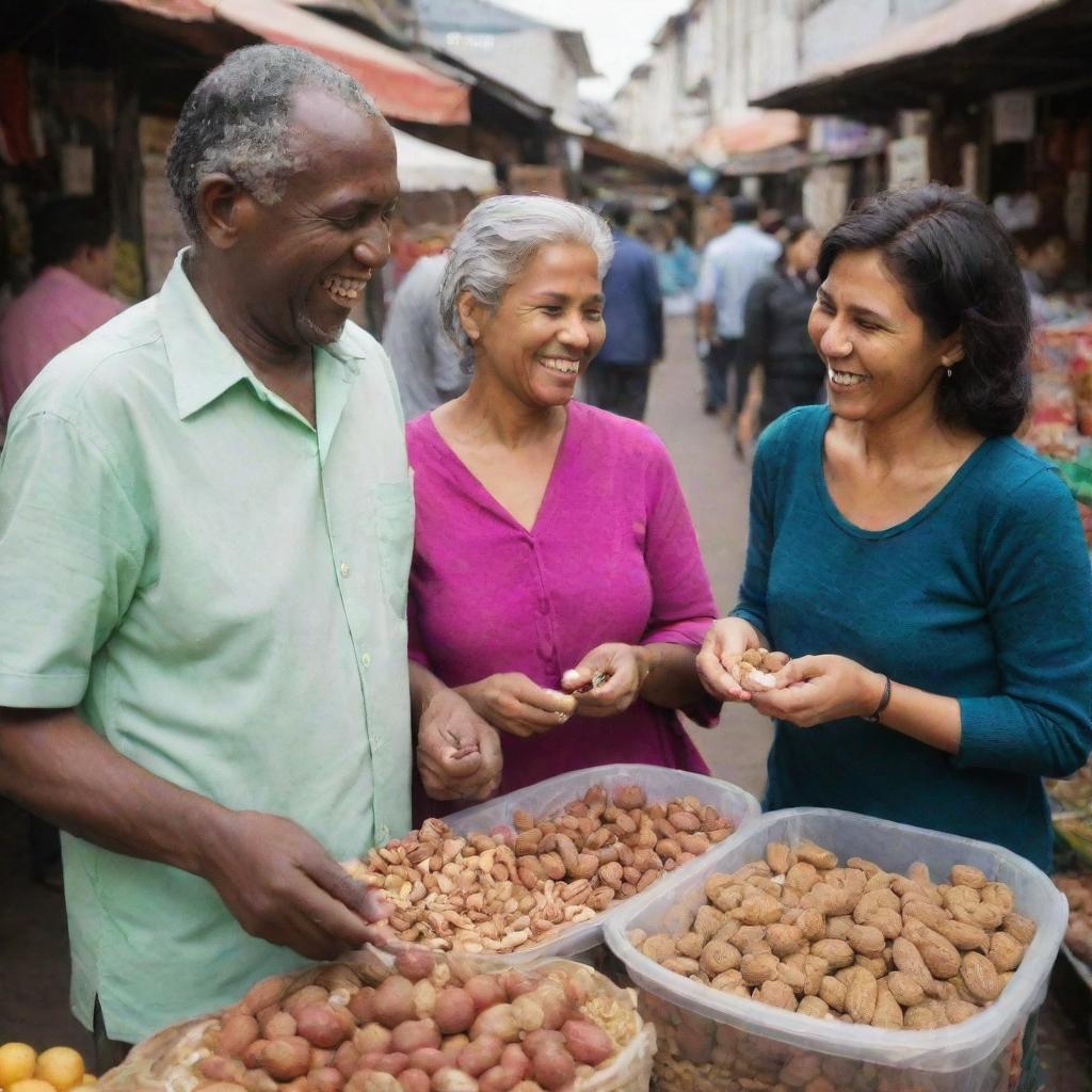 A delighted father and mother buying nuts for their child in a vibrant, bustling market.